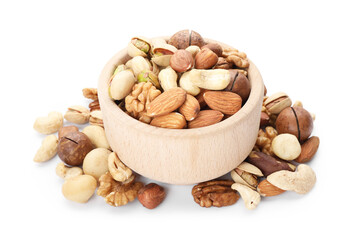 Mix of different nuts in bowl isolated on white