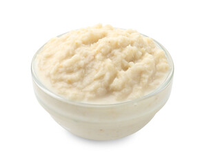 Tasty horseradish sauce in bowl isolated on white