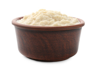 Tasty horseradish sauce in bowl isolated on white