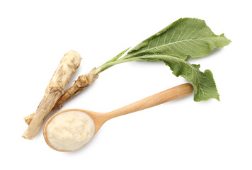 Tasty horseradish sauce in spoon, roots and leaves isolated on white, top view