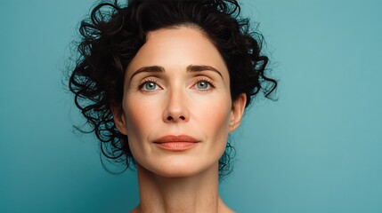 Confident Woman with Curly Hair Against a Blue Background: A Portrait of Natural Beauty