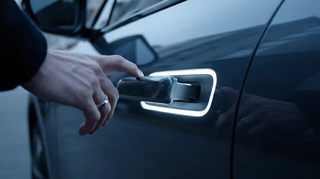 Close up of a hand opening a car door with illuminated handle.