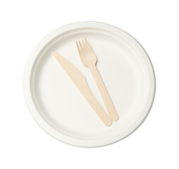 Disposable plate and cutlery isolated on white, top view