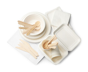 Set of disposable tableware isolated on white, top view