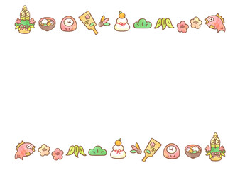 New Year Watercolor Frame with Japanese Traditional Motifs and Copy Space / 水彩で描いた正月イラスト枠と余白（横）