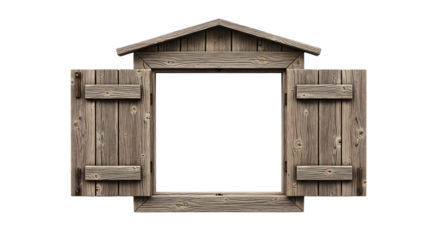 Rustic wooden window frame with open shutters invites imaginative scenes and storytelling possibilities