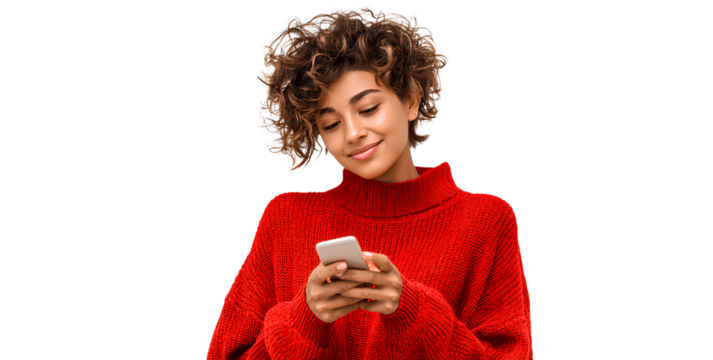 white background, a happy woman in a red sweater looking at her phone, with curly hair, a full-body shot, a transparent - Powered by Adobe