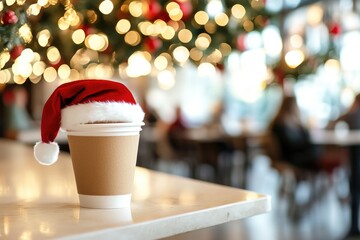 Festive coffee cup with santa hat in cozy cafe during holiday season