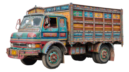 Vibrant colorful Pakistani truck decorated with intricate traditional art, floral patterns, and cultural ornaments isolated on white background