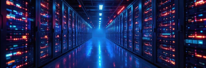 A futuristic server room displays interconnected databases, highlighting seamless data integration and advanced technology for efficient data management , system, center