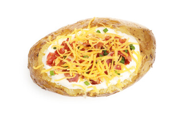 Tasty baked potato with sour cream, green onion and bacon isolated on white, top view