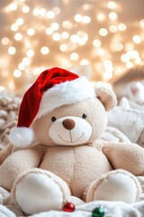 Fototapeta premium Cozy bear in santa hat with bokeh christmas lights background
