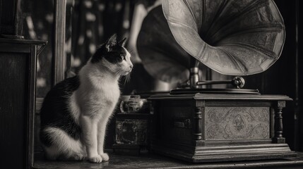 Vintage Black and White Photo of Cat Sitting Beside Gramophone