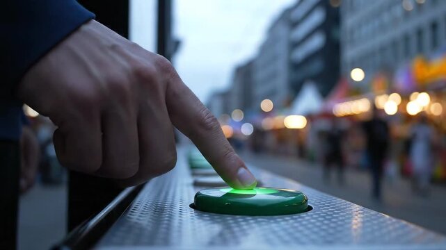 Close-up of a hand pressing a green button on a railing in an urban setting.
