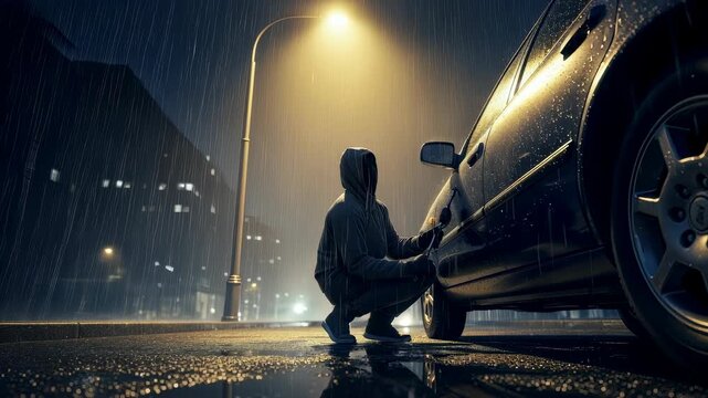 Man in a hooded sweatshirt attempting to unlock a car on a rainy street at night with tools, concept of car theft footage.