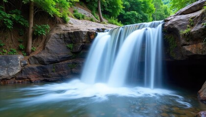 Obraz premium A cascading waterfall tumbles over smooth rocks, its water flowing freely and effortlessly, creating a mesmerizing spectacle of nature's power and tranquility , rocks, nature