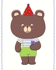 vintage cute teddy bear party kid illustration , emboss paper style.  Boy and girl cartoon character greeting card  ,poster or  product for children.