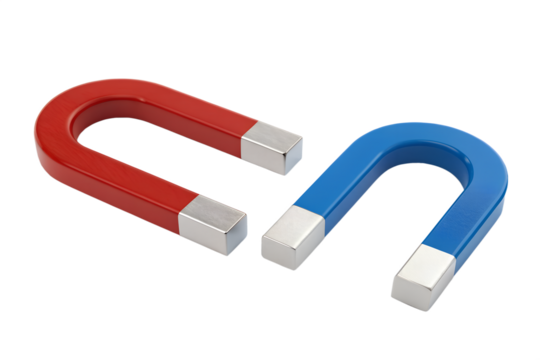 Red and blue horseshoe magnets isolated on transparent background
