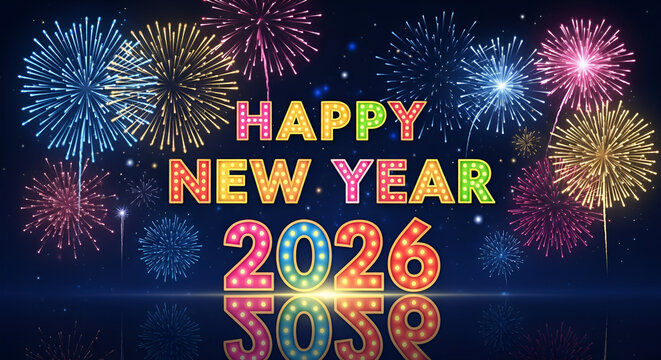 Festive Happy New Year 2026 celebration banner with colorful fireworks, dark blue background. night parties and sparklers marking the joyful start of