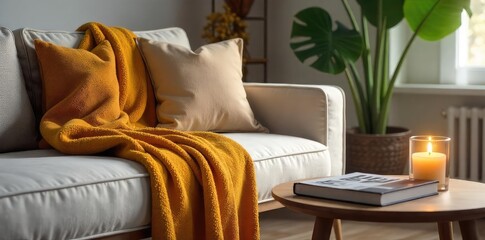 Cozy Rustic Living Room Plush Throw Blanket, Modern Sofa, Scented Candle, Relaxing Atmosphere
