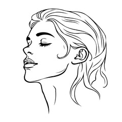 Elegant woman portrait with flowing hair, minimalist line art drawing, sophisticated design,