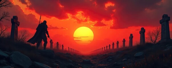 Naklejka premium A lone warrior, silhouetted against a fiery sunset, battles skeletal remains in a desolate graveyard The scene is filled with a palpable sense of struggle and eerie beauty , grave, warrior