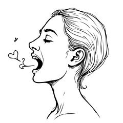 Expressive portrait of a woman singing with heart shaped musical notes illustration in black and