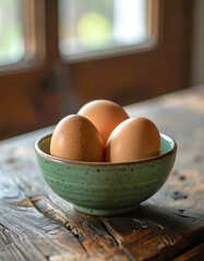 Rustic Bowl of Brown Eggs on a Wooden Table