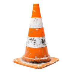 A worn and dirty orange traffic cone with white stripes, signaling caution and road safety.