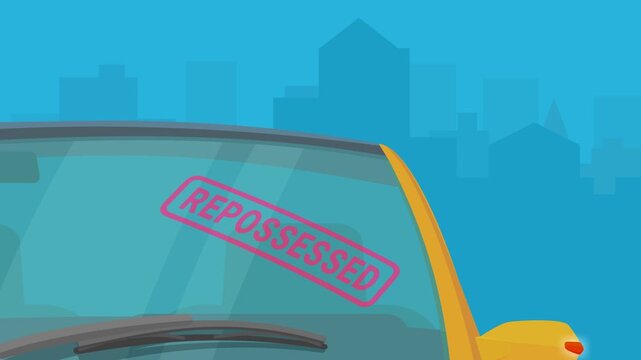 Animation of a "REPOSSESSED" stamp appearing on a car windshield (flat,landscape)