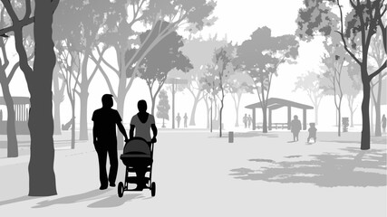 Couple strolling with stroller in park, peaceful outdoor lifestyle, family time together, natural vector design