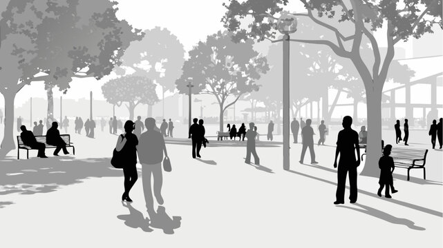 People enjoying city park scene with trees benches and leisurely walking around enjoying the day