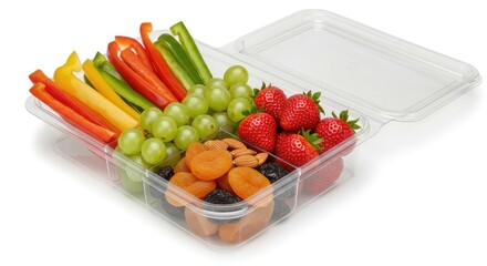 Colorful fruit and vegetable snack box with strawberries, grapes, peppers, and dried apricots.