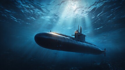 Dramatic Underwater View of a Large Submarine Ascending Towards Sunlit Surface