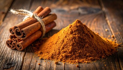 A close-up of cinnamon sticks and ground cinnamon on a rustic wooden surface.