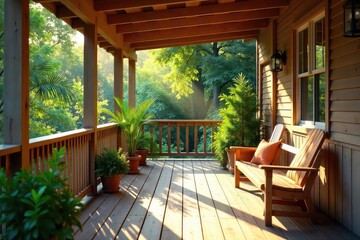 Obraz premium Sun-Drenched Porch Tranquil Escape for Relaxation and Contemplation. Wooden planks, potted plants, and gentle shadows create a peaceful atmosphere perfect for quiet moments.