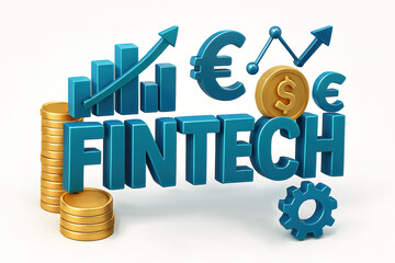 Fintech Financial Technology 3D Concept with Money, Currency and Digital Innovation on White Background
