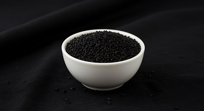 White bowl of black cumin seeds on black fabric nigella seeds