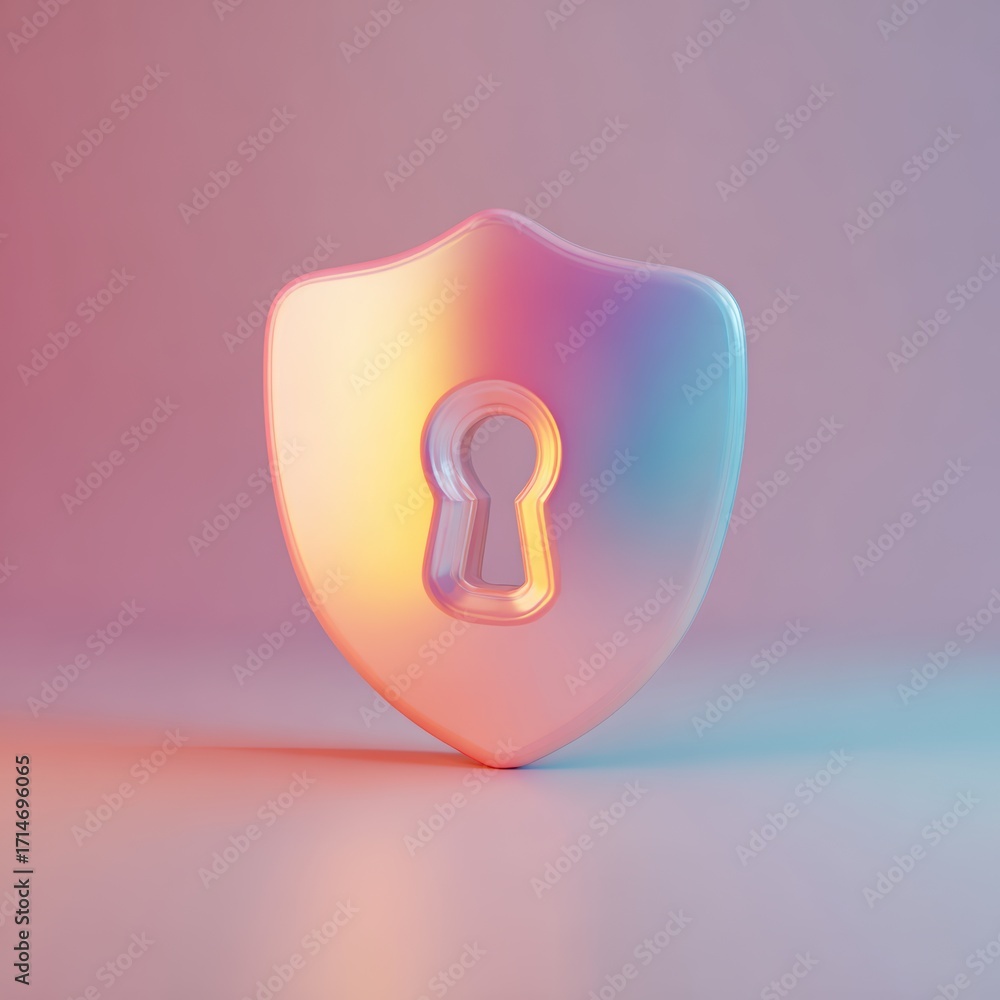 Poster digital shield: an elegant, colorful shield, reflecting a gradient of hues, adorned with a keyhole, 