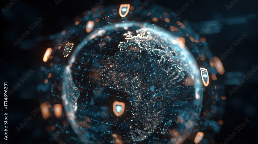 Poster global shield of security: an illustrative representation of a digital shield protecting the globe, 
