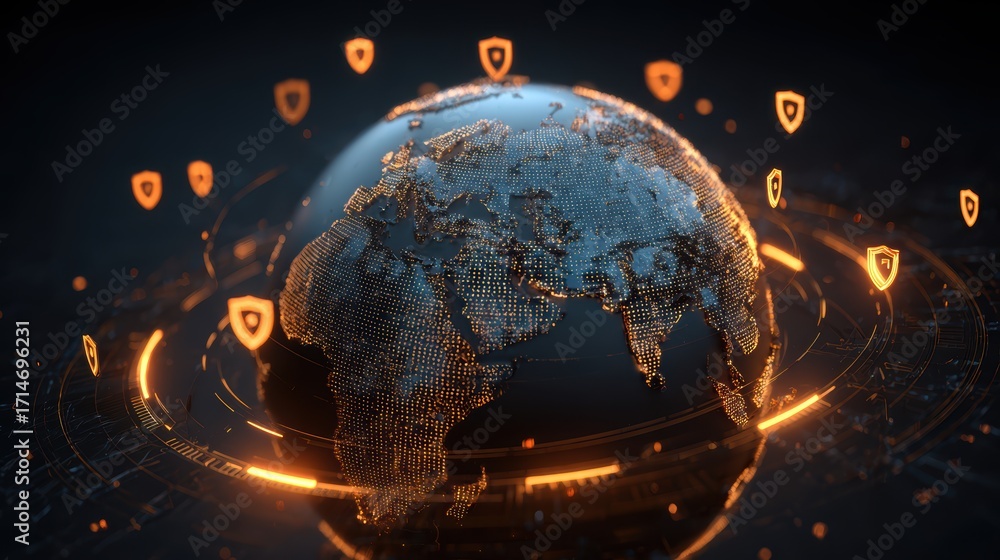 Poster digital globe security: a captivating digital depiction of earth encircled by glowing, interconnecte