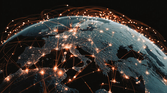 Global digital network connecting the world with light trails and data flow