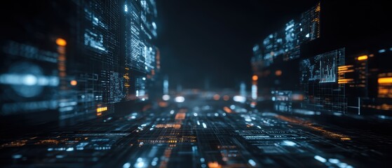 Digital Highway: Dive into an abstract representation of a futuristic cityscape with dynamic digital displays, neon lights, and glowing data streams.