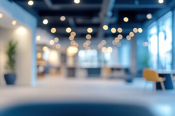 Blurred view of a spacious office interior with soft lighting.