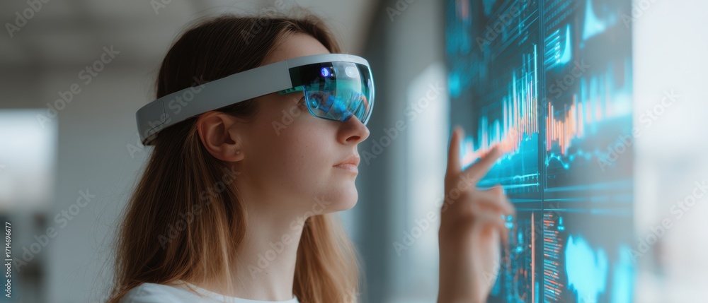 Poster augmented reality interaction: a woman with vr headset interacts with a futuristic virtual display, 