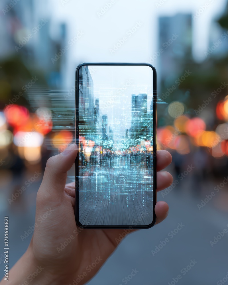 Poster smart city connectivity: a hand holds a smartphone, its screen displaying a futuristic overlay of a 