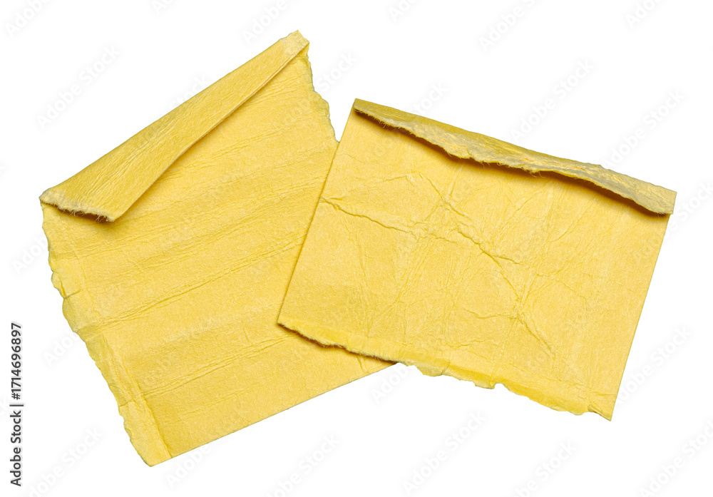 Poster Two yellow crumpled overlapping torn ripped blank paper notes with folded edge dog-ear earmark and copy space for text on background