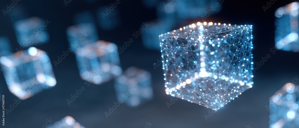 Poster abstract cubes in the digital cosmos: this image reveals a network of shimmering cubes suspended in 