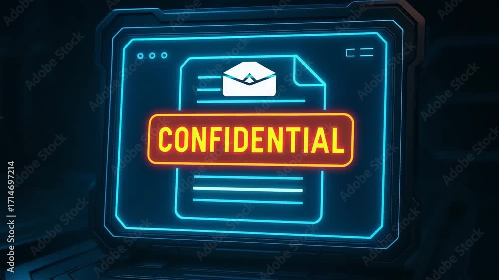 Poster a digital interface depicting a confidential message on a futuristic device, showcasing modern secur