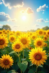 Obraz premium A vibrant sunbeam illuminates a field of blooming sunflowers, radiating joy and warmth Perfect for themes of optimism, summer, and carefree happiness , positive energy, nature